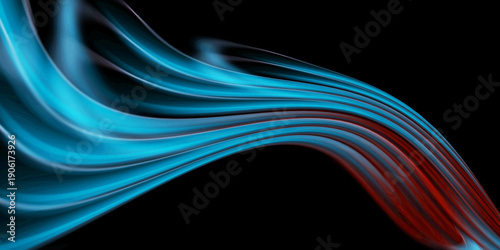 Photos Futuristic Energy black background with features vibrant cyan and red lines forming dynamic curves that resemble flowing silk, electromagnetic waves, or the artistic flick of a betta fish's tail