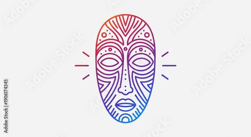 Vibrant gradient tribal mask featuring intricate line art and cultural patterns
