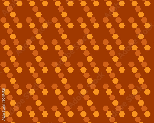 茶褐色とオレンジ色の幾何学模様シームレスパターン背景。対角線状に並んだ六角形のモダンなデザイン。和モダンなウェブサイト、広告バナー、テキスタイル、壁紙、ラッピングペーパー、秋のキャンペーン素材に最適な高品質ベクターイラスト。