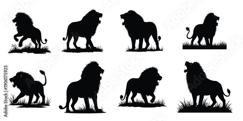 Black lion silhouettes in various poses on white background