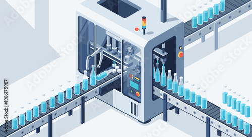 Bottling Machine Filling Blue Bottles on Conveyor.