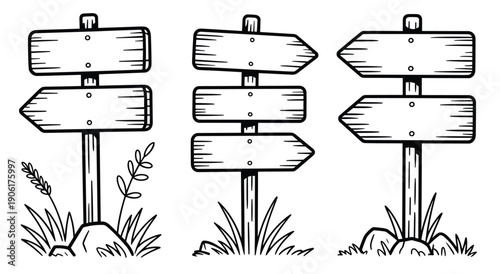 Blank Hand Drawn Vintage Wooden Signpost Arrow Set Vector Illustration for Hiking or Camping