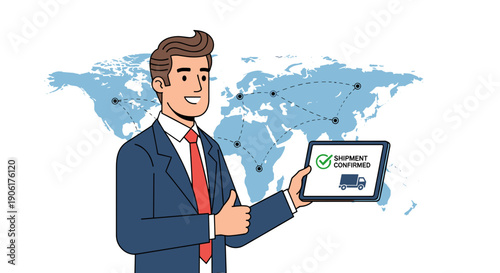 Businessman holding tablet with shipping information.