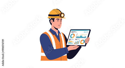 Engineer in safety vest holding tablet.