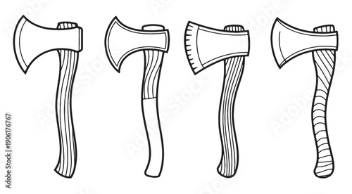 collection of stylized hand drawn axes with unique handle