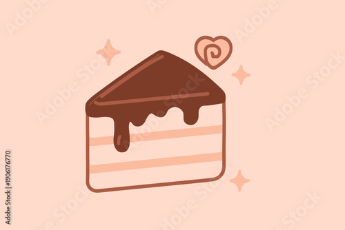 Cute Chocolate Cake Slice with Heart and Sparkling Accents.