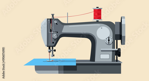 Gray Sewing Machine with Blue Fabric.
