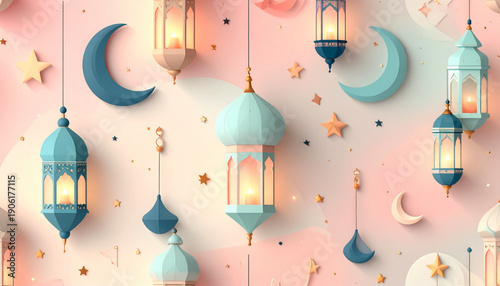 Happy EID and Ceiling Lamp Decoration Illustration with Golden Ornaments and Snowflakes