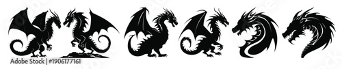 dragon ancient creature mythology silhouette set dragon