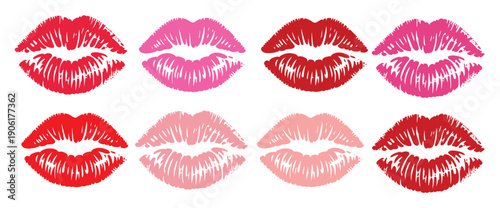 eight lipstick kiss marks in red and pink shades on white