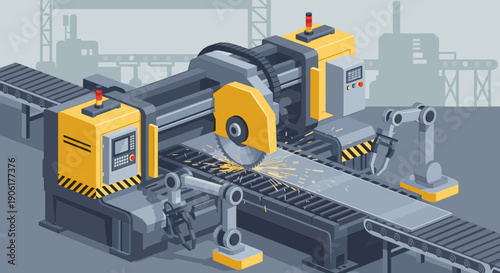 Industrial robotic arms and machinery equipment.