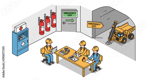 Industrial Safety Meeting with Workers and Equipment.