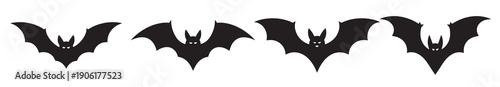 four black bat silhouettes with glowing eyes and fangs on