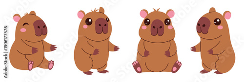 Four cute brown capybaras with big eyes and smiling faces