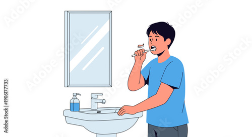 Man Brushing Teeth in Bathroom Sink.