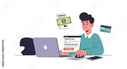 Man Working on Laptop with Credit Card.