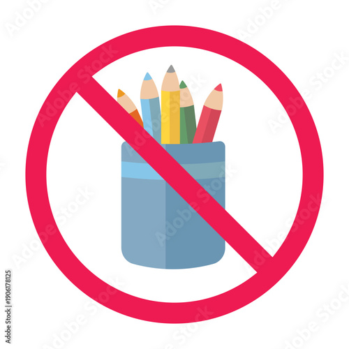 No pencil sign, forbidden sign with pencil holder cup icon, do not use pencil symbol, no colored pencil sign, vector illustration