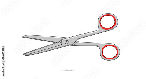 Pair of silver scissors with red handles.