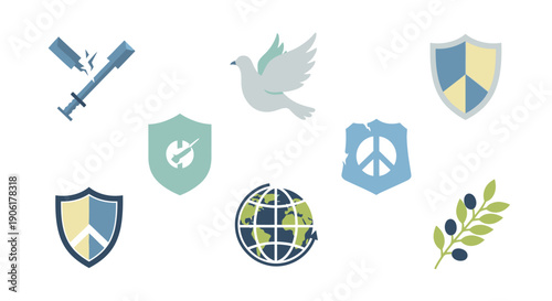 A collection of diverse icons representing peace, security, health, and global interconnectedness, including symbols like doves, shields, globes, and olive branches.