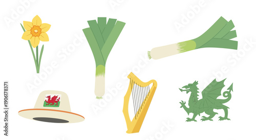 A collection of iconic Welsh symbols including a daffodil, leeks, a harp, a dragon, and a traditional hat.