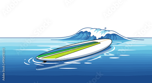 Surfboard floating on calm ocean water.
