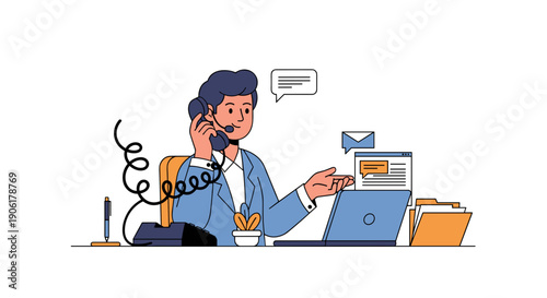 Woman Working on Laptop and Talking.