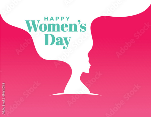 A vibrant pink and white illustration celebrating Happy Womens Day with a feminine silhouette and flowing hair design