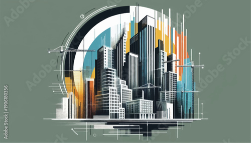 Cityscape Illustration with Modern Skyscrapers and Graphs.