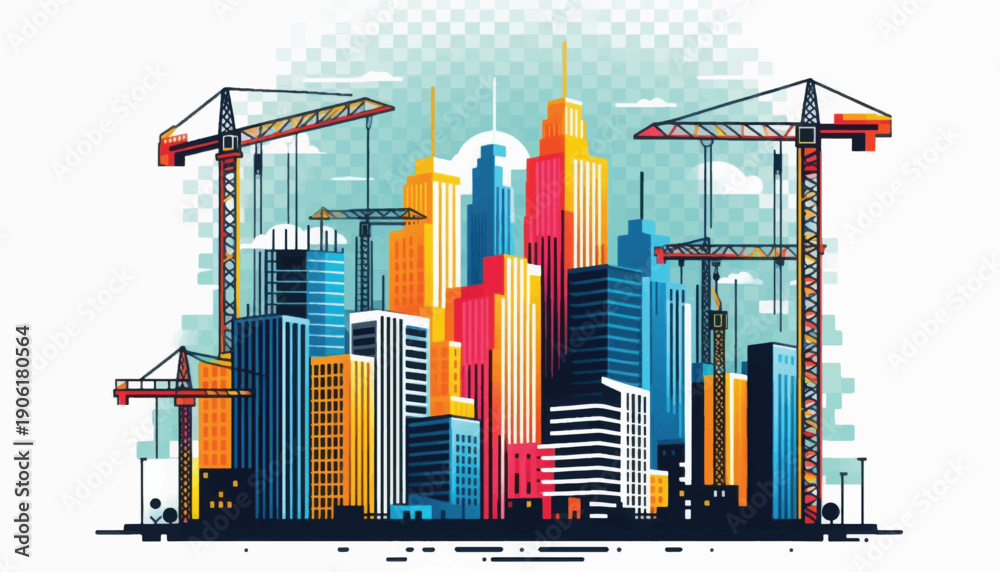 Obraz premium Colorful Cityscape with Construction Cranes Illustration.