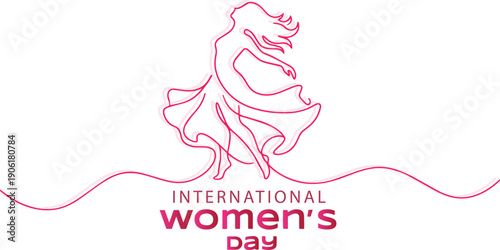 Dynamic line art illustration of a joyful dancing woman celebrating International Womens Day with wavy pink lines