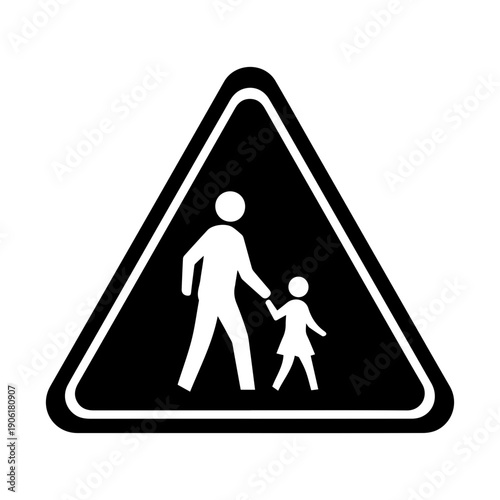 Pedestrian crossing warning sign showing a silhouette of a person holding a child's hand, indicating a safe zone for walking and children