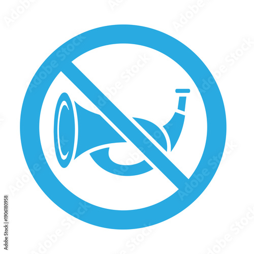 Universal blue prohibition sign featuring a classic horn symbol, clearly communicating 'no honking' or 'silence required' in noise-sensitive areas, promoting peace and quiet
