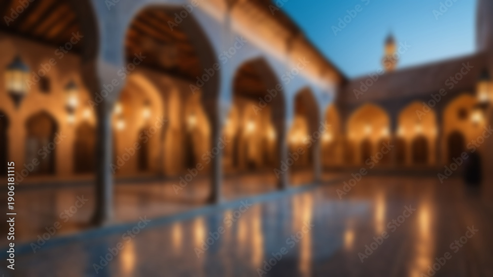 Obraz premium Blur background of historic stone mosque courtyard filled with hanging Ramadan lanterns casting patterned shadows on mosaic tiles, arched colonnades with detailed textures, old city buildings.