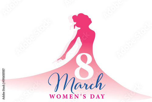 Gradient pink silhouette of a graceful woman with 8 March Womens Day text on a white background