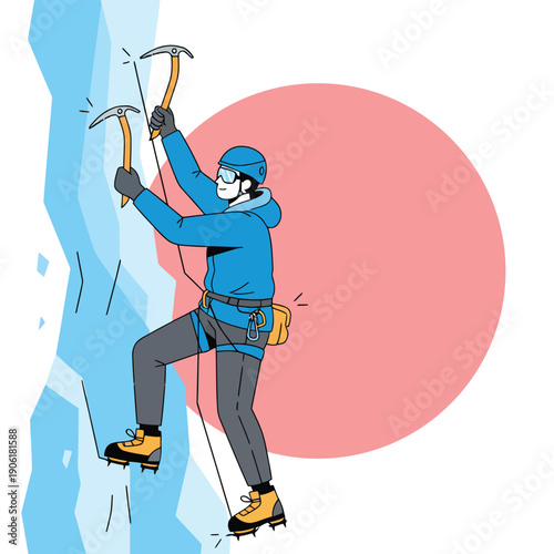 Professional Climber Scaling Vertical Ice Wall