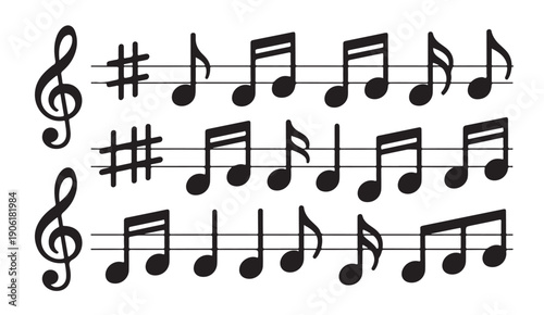 Collection of music notes and sharp symbols on staffs isolated on white background