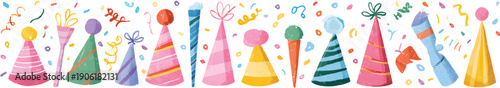 Set of colorful party hats and blowers on a transparent background