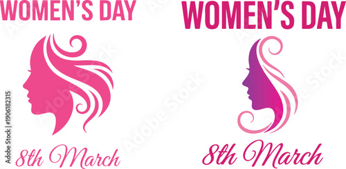 Two vibrant pink Womens Day logos celebrating 8th March with elegant female profiles