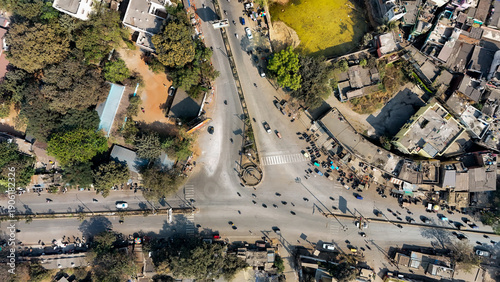 Photography Drone Flying Over Raipur Kalibadi Area, Aerial View Drone Shot of Raipur Kalibadi, Drone Capturing Scenic View of Temple Surroundings, Low Angle Drone in Sky Above Raipur stock photo