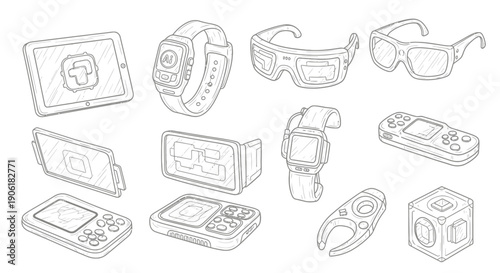 Line art illustration of various modern and futuristic electronic gadgets and wearable technology devices in a clean, outlined style.