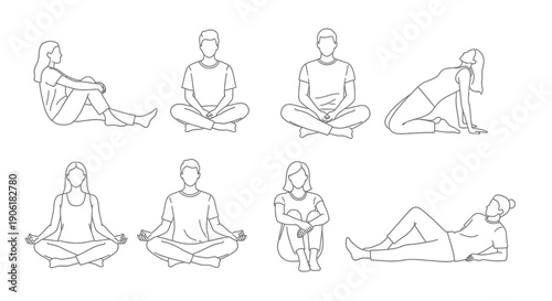 Line art illustrations of people in various relaxed and meditative sitting and lying poses, depicting different states of rest and contemplation.