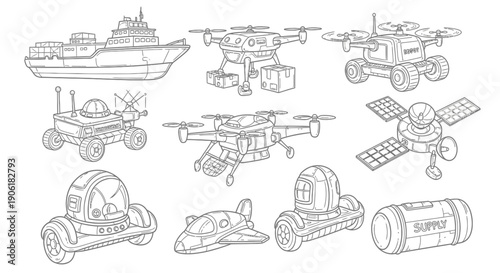 Line art illustration of various futuristic transport vehicles, delivery drones, space rovers, and supply containers.