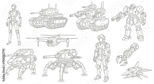 Collection of futuristic military vehicles, robots, and armored suits in detailed line art style.