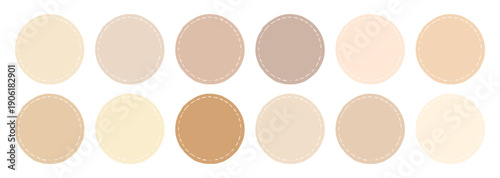 Trendy milk tea color palette with 12 soft circular swatches. Neutral beige, cream, and tan tones with dashed borders for aesthetic branding, cozy digital planners, and minimalist web design.