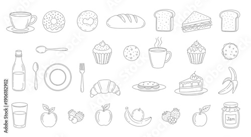 A comprehensive collection of line art illustrations depicting various breakfast foods, beverages, and kitchen utensils.