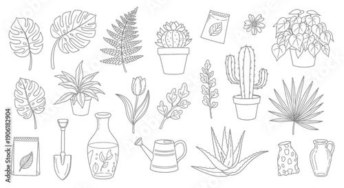Black and white line art illustrations of various houseplants, garden tools, and botanical elements for gardening and nature themes.