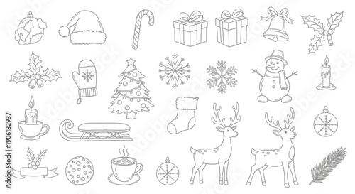 Collection of black and white outline drawings featuring various traditional Christmas holiday symbols and festive decorations.