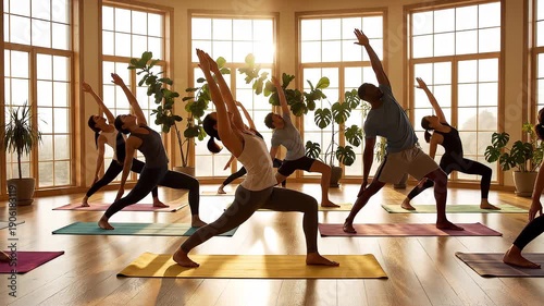 A group of people practicing yoga in a serene studio with large windows and plants