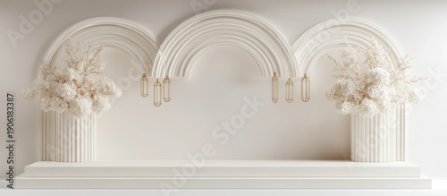 Elegant white pedestal display with arches and flowers