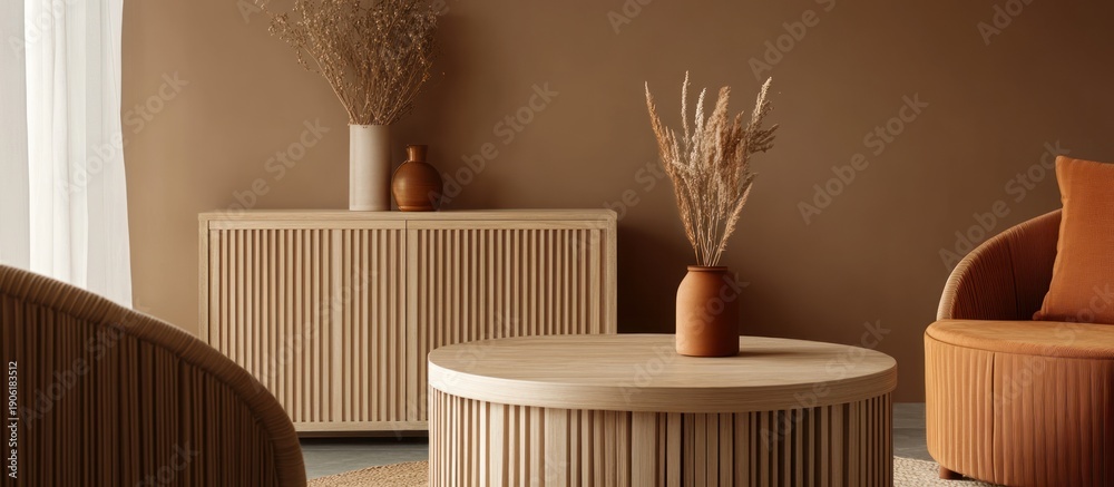 Obraz premium Beige living room with wooden furniture and terracotta accents